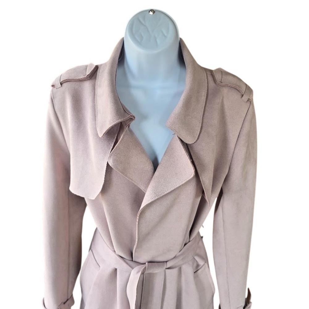 Zara Trench Coat Womens M Pink Faux Suede Belted Minimalist Romantic Parisian - Picture 5 of 16